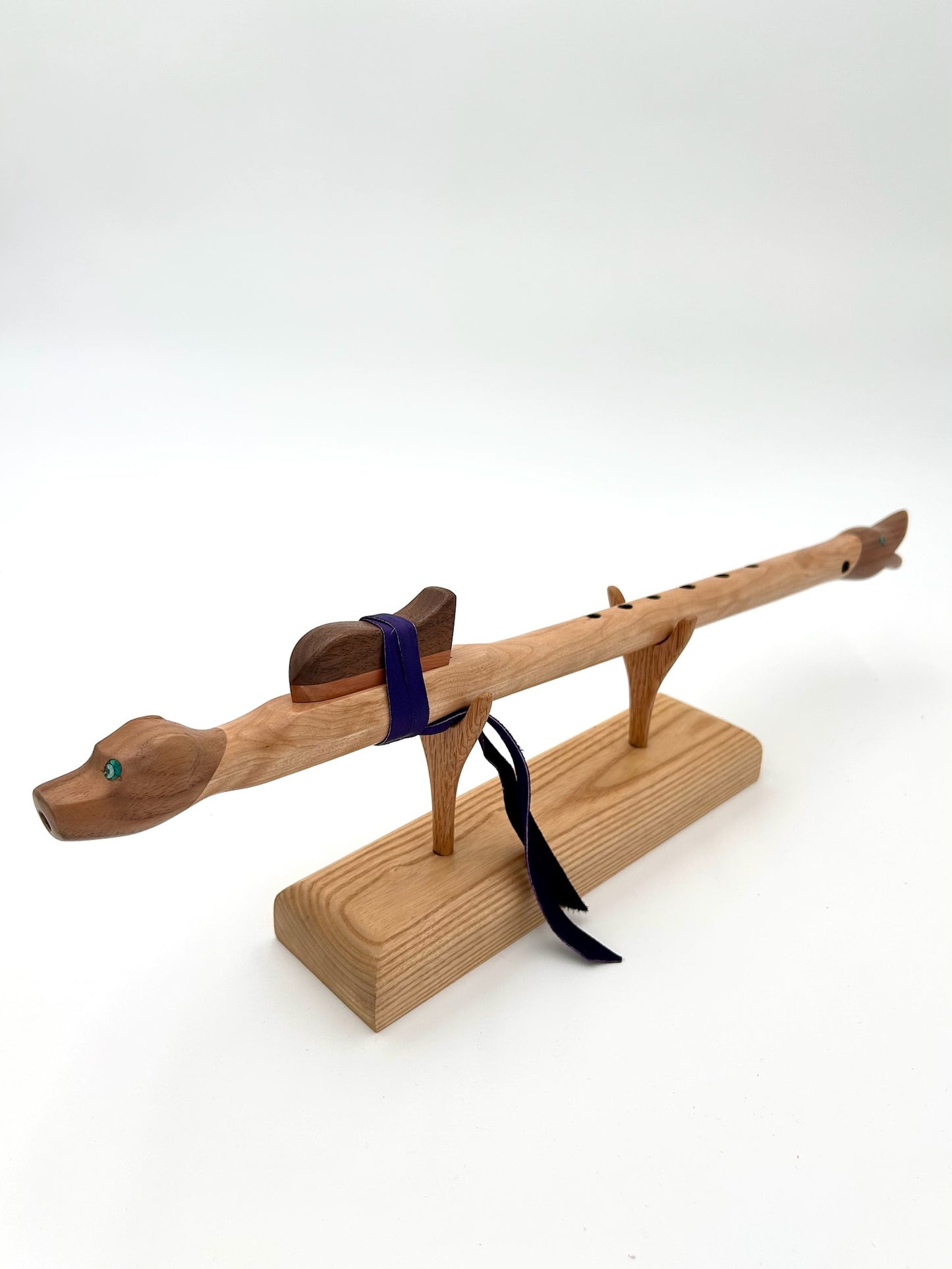 High Range Animal Head Flute - Myrtle & Walnut Wolf and Bird Sculpture
