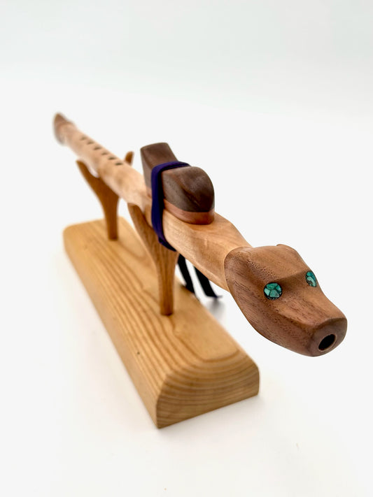 High Range Animal Head Flute - Myrtle & Walnut Wolf and Bird Sculpture